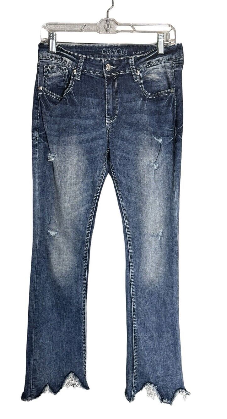 Grace in LA Womens Mid Rise Bootcut Blue Denim Jeans Lace Hem Western Boho Sz 29